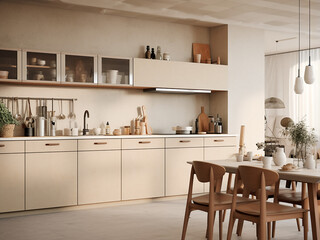 Generous beige kitchen featuring tasteful interior design. AI Generation.