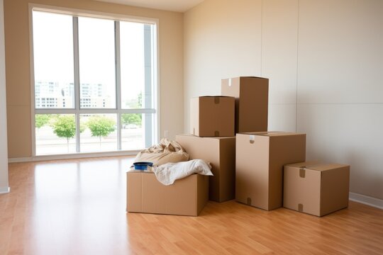 packed moving boxes stacked in an empty apartment