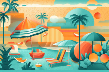 Fototapeta na wymiar Travel, vacation and leisure concept. Retro vintage minimalist travel colorful illustration with beach and palm trees. Pop- art vintage style. Generative AI