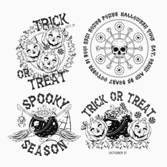 Set of halloween labels with sweets, pumpkin heads like smiling happy kids, criss crossed brooms, witch cauldron full of eyeballs, magic circle with skull. Monochrome emblems on white background