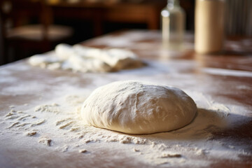 Fototapeta na wymiar Ball of pizza dough and flour on wooden kitchen table