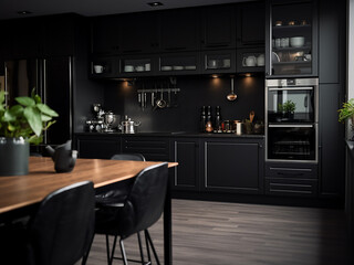 Spacious ebony kitchen with stylish furniture. AI Generation.