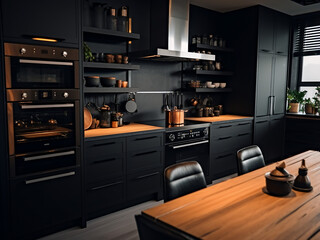 Generous jet-black kitchen designed with exquisite furniture. AI Generation.