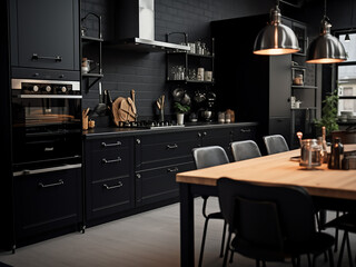Vast charcoal kitchen complemented by refined interior design. AI Generation.