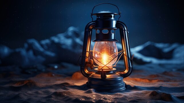 Photo of travel camping led lantern standing on cracked ice surface on dark background.