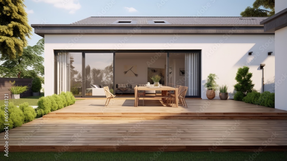 Aufkleber New house with wooden door and empty white signage. 3d rendering of large patio in modern home.