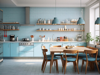 Obraz na płótnie Canvas Expansive big blue kitchen incorporating sleek furniture. AI Generation.