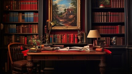 A study filled with multicolored books and a bold crimson writing desk.