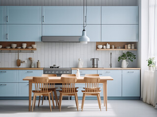 Chic big blue kitchen with a touch of classic design. AI Generation.