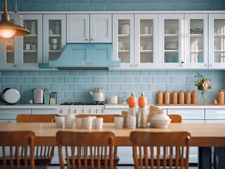 Elegant big blue kitchen with thoughtfully arranged furniture. AI Generation.