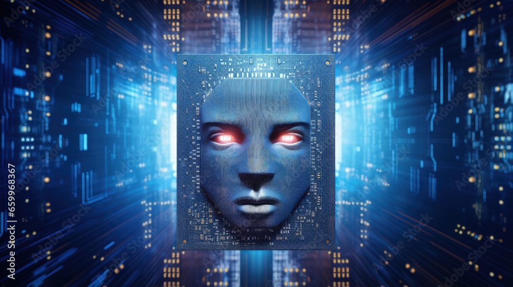 Aufkleber Deep Learning concept, human face on processor chip between digital rays on blue background.
