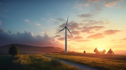 Obraz premium Wind turbine at sunrise. A wind power plant on a misty summer morning. Renewable energy in the modern world.