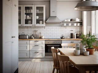 Generous grey kitchen with ample furniture, design. AI Generation.