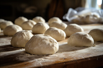Fototapeta na wymiar Raw dough balls and flour on wooden kitchen table
