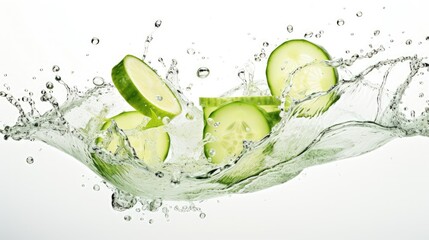 gin tonic with a slice of fresh cucumber on a white table with cut limes and splashes