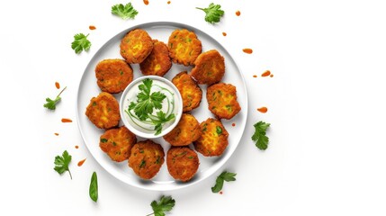 Healthy vegetarian nuggets with carrots, cauliflower and spinach. Vegetable nuggets. Vegan food. Top view, white background. - obrazy, fototapety, plakaty