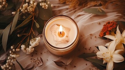 wooden wick candles. Handmade candle from paraffin and soy wax in glass with flowers and leaf on craft background. Let flay. Candle making. Top view.