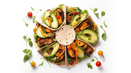 Open vegan tortilla wraps with sweet potato, beans, avocado, tomatoes, pumpkin and seedlings on a white background, top view, flat lay. Healthy vegan food concept. - obrazy, fototapety, plakaty