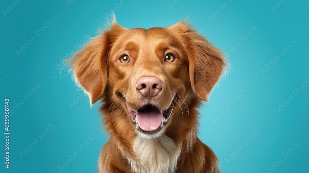 Sticker Beautiful nova scotia duck tolling retriever dog isolated on a blue turquoise background. dog studio portrait. front view .