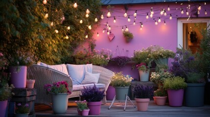 A terrace garden with multicolored planters and fairy lights against a lavender wall.