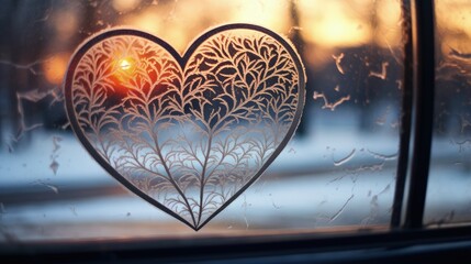 Heart drawn on a car's window. Winter time. Declaration of love on Valentine's day.