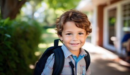 primary school student with a backpack on the street
