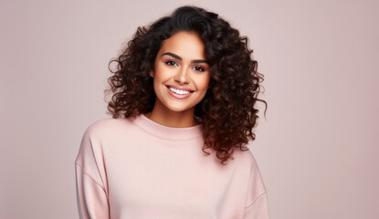 Fototapeta premium beautiful brunette in a pink jacket on a pink background