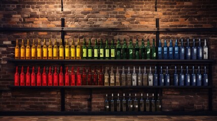 A wine cellar with bottles labeled in various colors, contrasted against a brick backdrop.