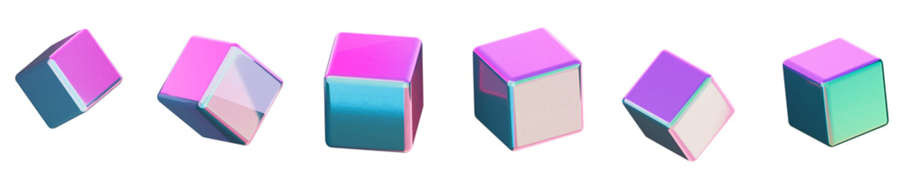 Set of futuristic cubes in neon colors, neon cube icons with transparent background