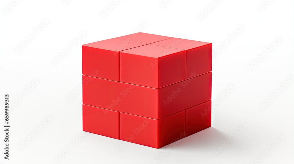 Poster Close Up View of a Red Plastic Toy Block Isolated on a White Background. Children Building Brick, Side View. High Quality 3D Rendering with a Work Path. 8K Ultra HD, 7680x4320