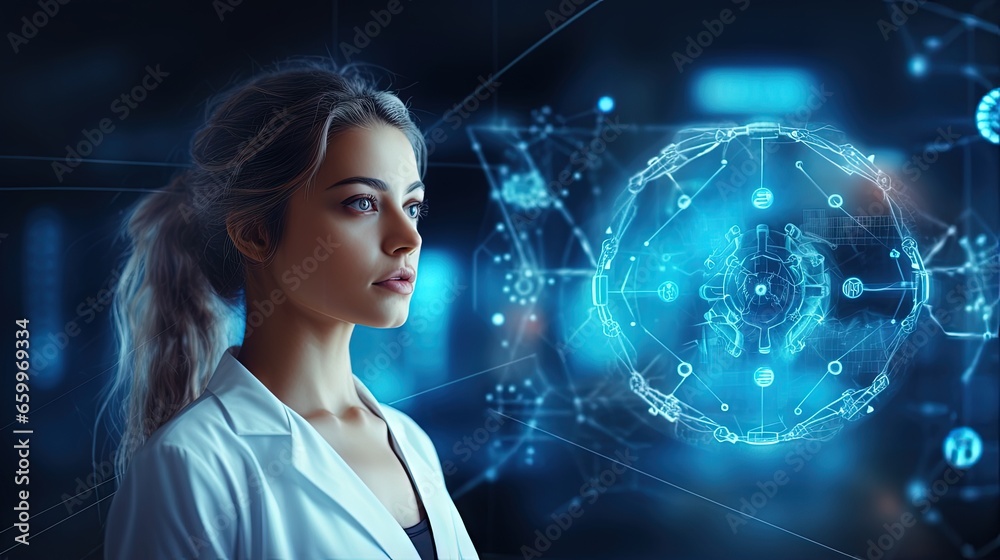 Aufkleber big data healthcare concept. doctor or nurse offer data cogwheel icon on virtual screen. information