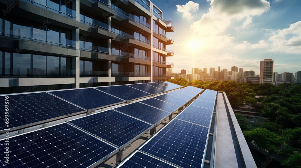 Poster solar panels on the wall of a multi-storey building. Renewable solar energy.