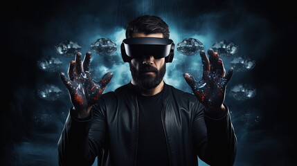 The dark side of virtual reality. Man holds glowing VR googles - obrazy, fototapety, plakaty