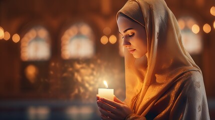 Holy spirituality, world human spirit and religion day concept with woman prayer praying in peace under gold candle light bokeh