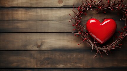 Red paper heart and crown of thorns on a wood background with copy space
