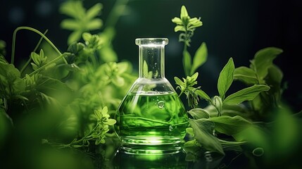 Natural organic extraction and green herbal leaves, Flower aroma essence solution in laboratory. - obrazy, fototapety, plakaty