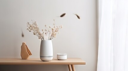 Air humidifier, figurine and vase with dried flowers on the white shelf. Minimalistic Scandinavian interior. Selecive focus, copy space - obrazy, fototapety, plakaty