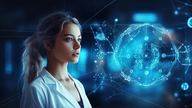 Big Data Healthcare concept. Doctor or nurse offer data cogwheel icon on virtual screen. Information technology computing medicine integration. Medical database, cloud server, web technology.