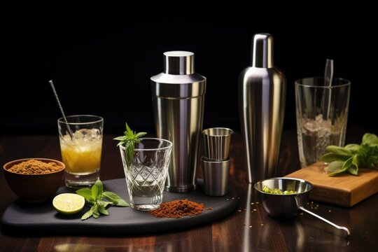 mixology course represented by cocktail shaker and ingredients on table