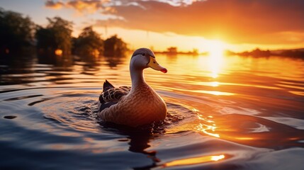 The silhouette of duck in a water at the sunset. High quality photo - Powered by Adobe