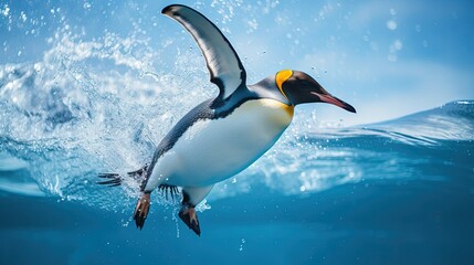 Wild bird in the water. Big King penguin jump dance out of the blue water after swimming through the ocean in Falkland Island. Wildlife scene from nature. Funny image from the ocean. - obrazy, fototapety, plakaty
