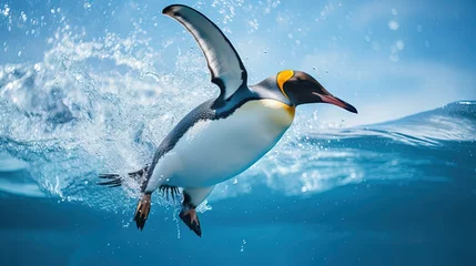 Schilderijen op glas Wild bird in the water. Big King penguin jump dance out of the blue water after swimming through the ocean in Falkland Island. Wildlife scene from nature. Funny image from the ocean. © HN Works