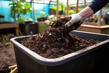 vermiculture compost bin brimming with rich organic matter - obrazy, fototapety, plakaty