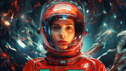 Female astronaut in a red spacesuit travelling through a warm hole.  - obrazy, fototapety, plakaty