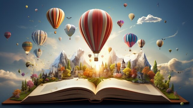 Imagination concept - open book with air balloon, rocket and airplane flying out