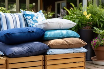 cushions stacked in a waterproof outdoor storage container