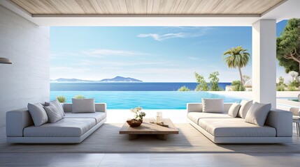 Fototapeta na wymiar Sea view empty large living room of luxury summer beach house with swimming pool near terrace. Big white wall background in vacation home or holiday villa. 3D Rendering