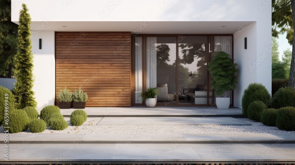 Aufkleber new house with wooden door and empty white signage. 3d rendering of large patio in modern home.