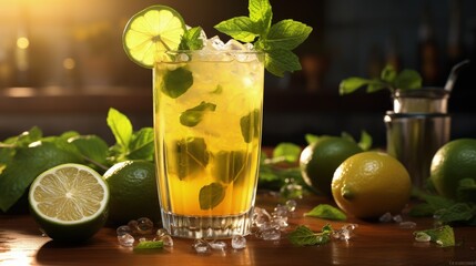 Fototapeta premium Passion fruit lemonade garnished with lime and mint