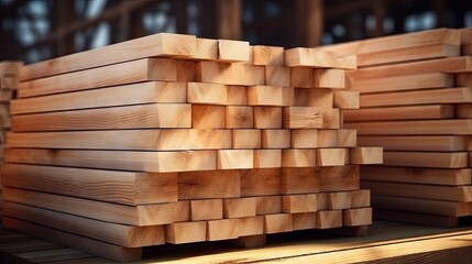 stacked wooden boards in a woodworking industry. stacks with pine lumber. folded edged board. wood harvesting shop. timber for construction